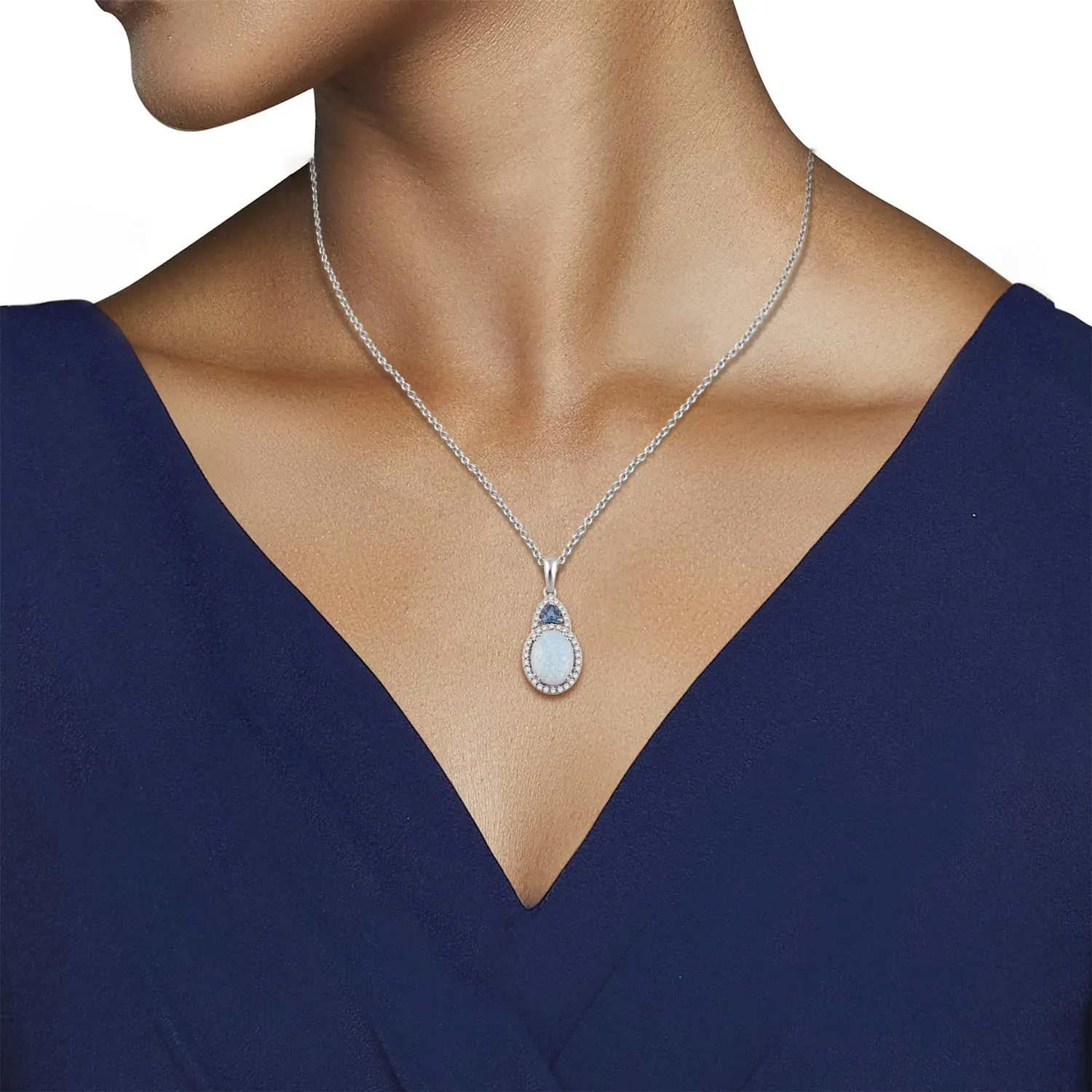 Jewelili Sterling Silver With Created Opal, London Blue Topaz and Created White Sapphire Pendant Necklace