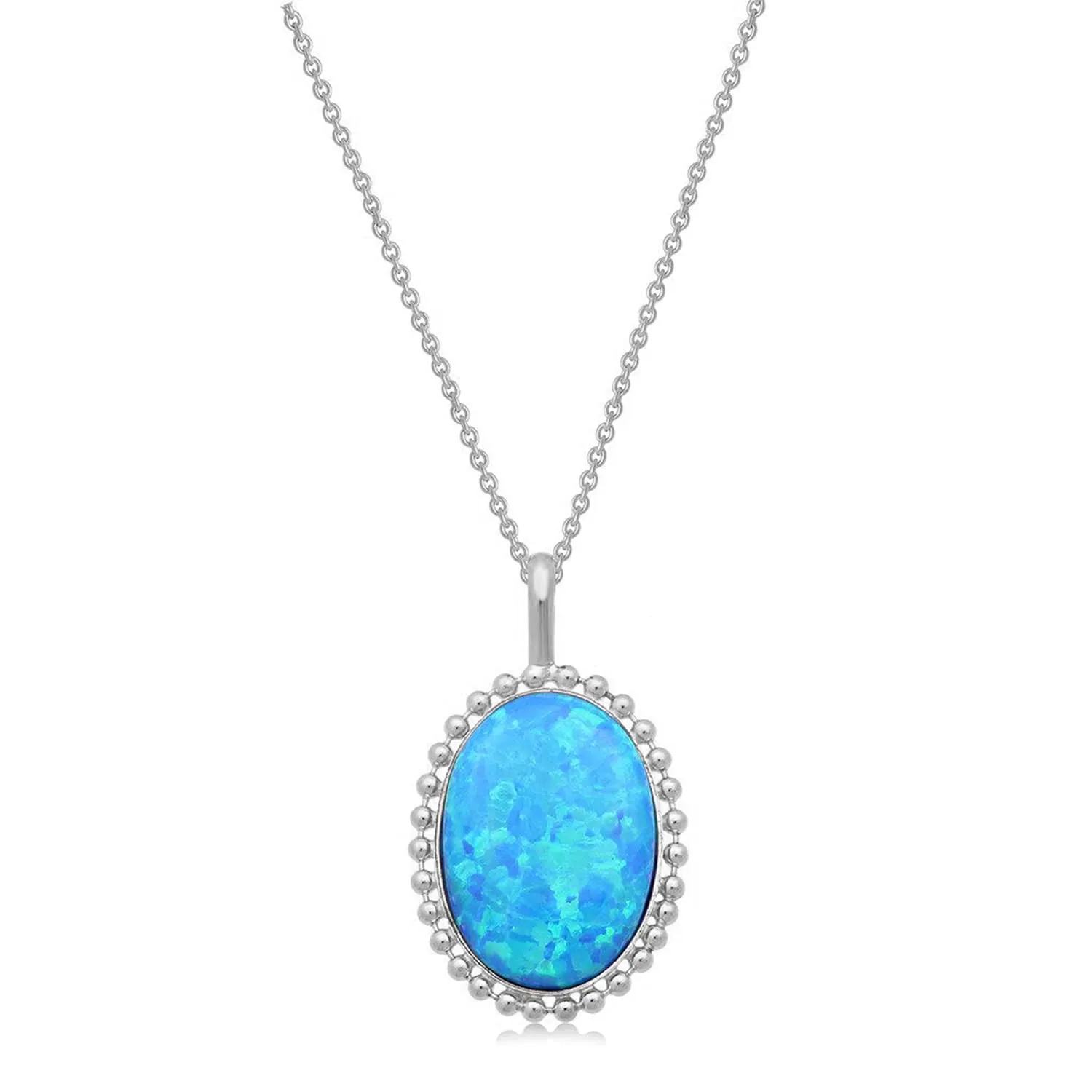 Jewelili Sterling Silver with Oval Shape Created Blue Opal Pendant Necklace