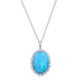 Jewelili Sterling Silver with Oval Shape Created Blue Opal Pendant Necklace