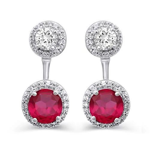 Jewelili Sterling Silver With Round Created Ruby and Created White Sapphire Drop Earrings