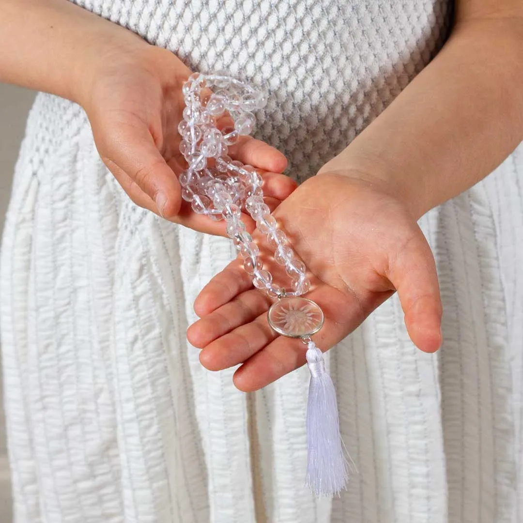 Kids Mala Beads Necklace Handmade with Clear Quartz Beads with Sun Pendant