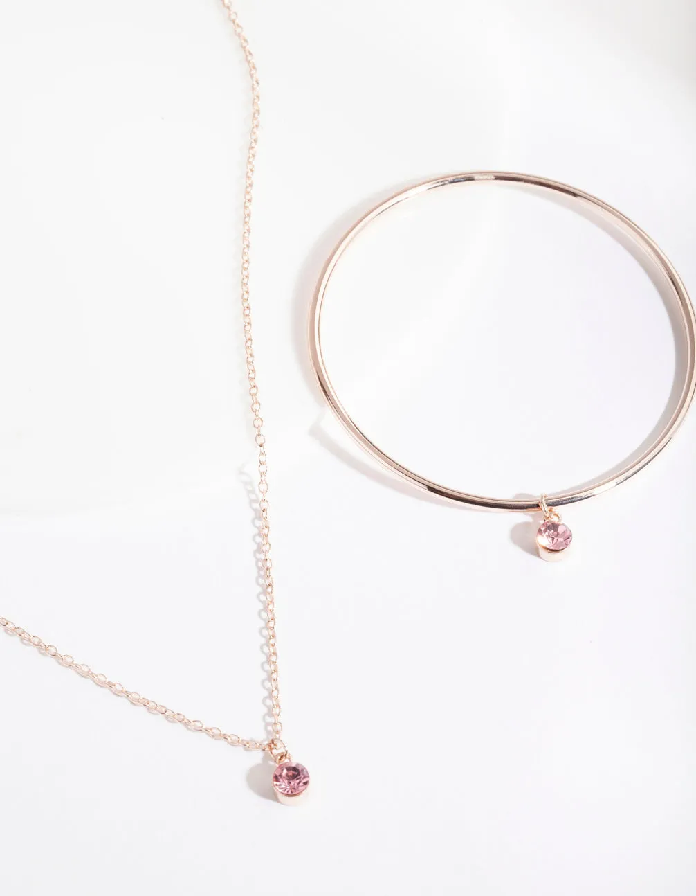 Kids Rose Gold Pink Diamante Charm Necklace & Bangle Set