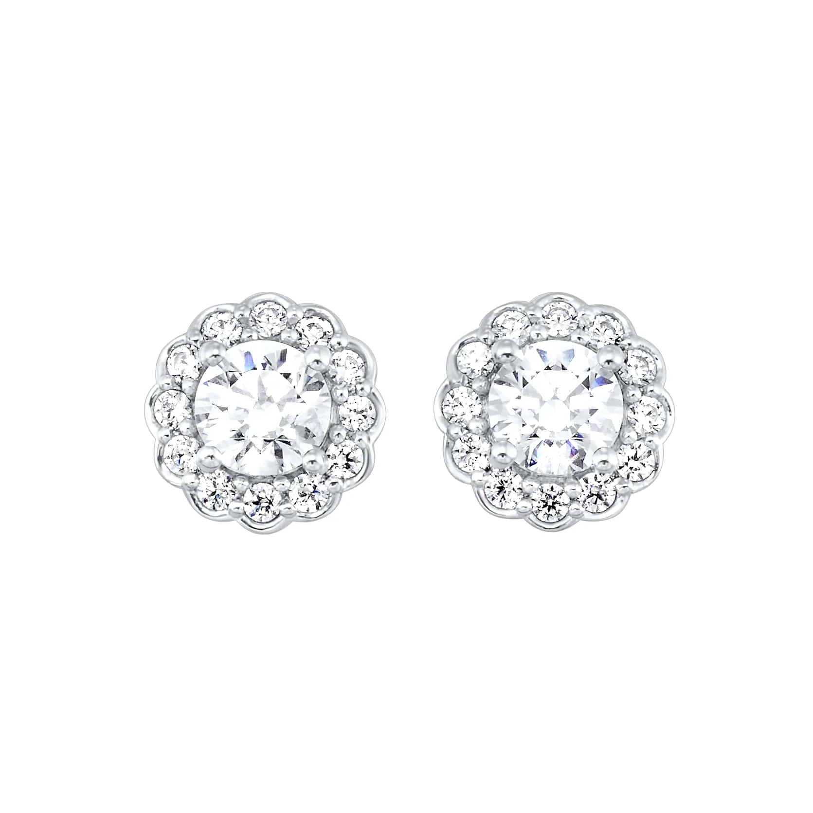 Lab-Created Round Diamond Stud Scalloped Halo Earrings in White Gold, 0.83 cttw