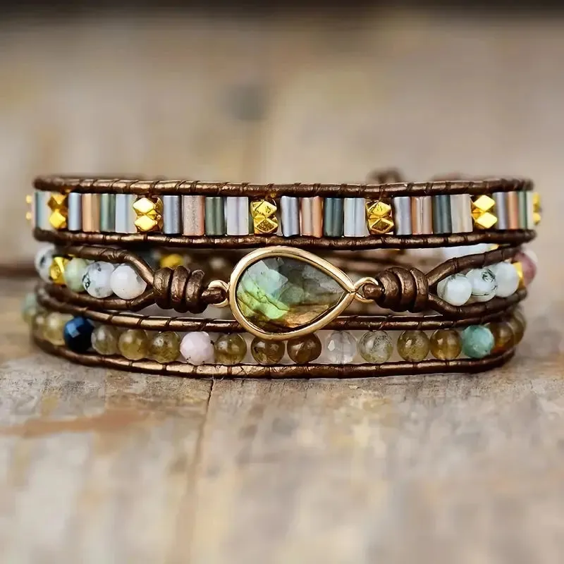 Labradorite & Rhinestone Wrap Bracelet - Stunning Bohemian Style Jewelry