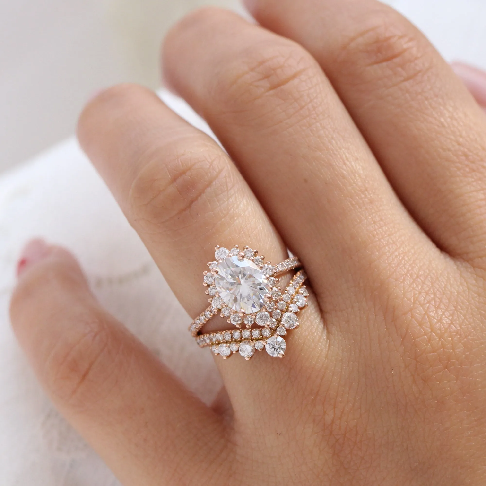 Large Oval Moissanite Ring in Tiara Halo Diamond Pave Band