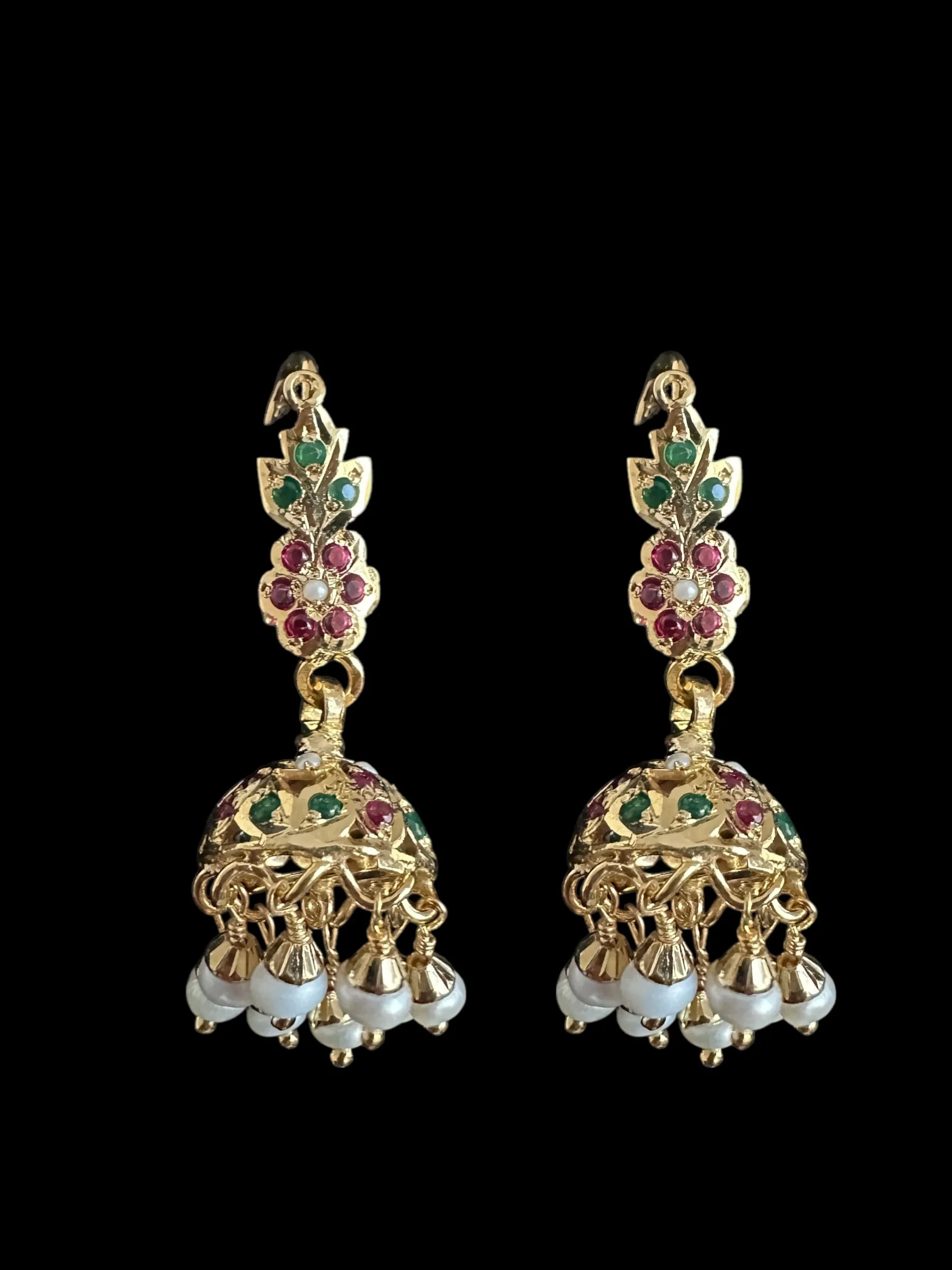 Light weight jhumka earrings in gold plated silver - ruby emerlad ( READY TO SHIP )