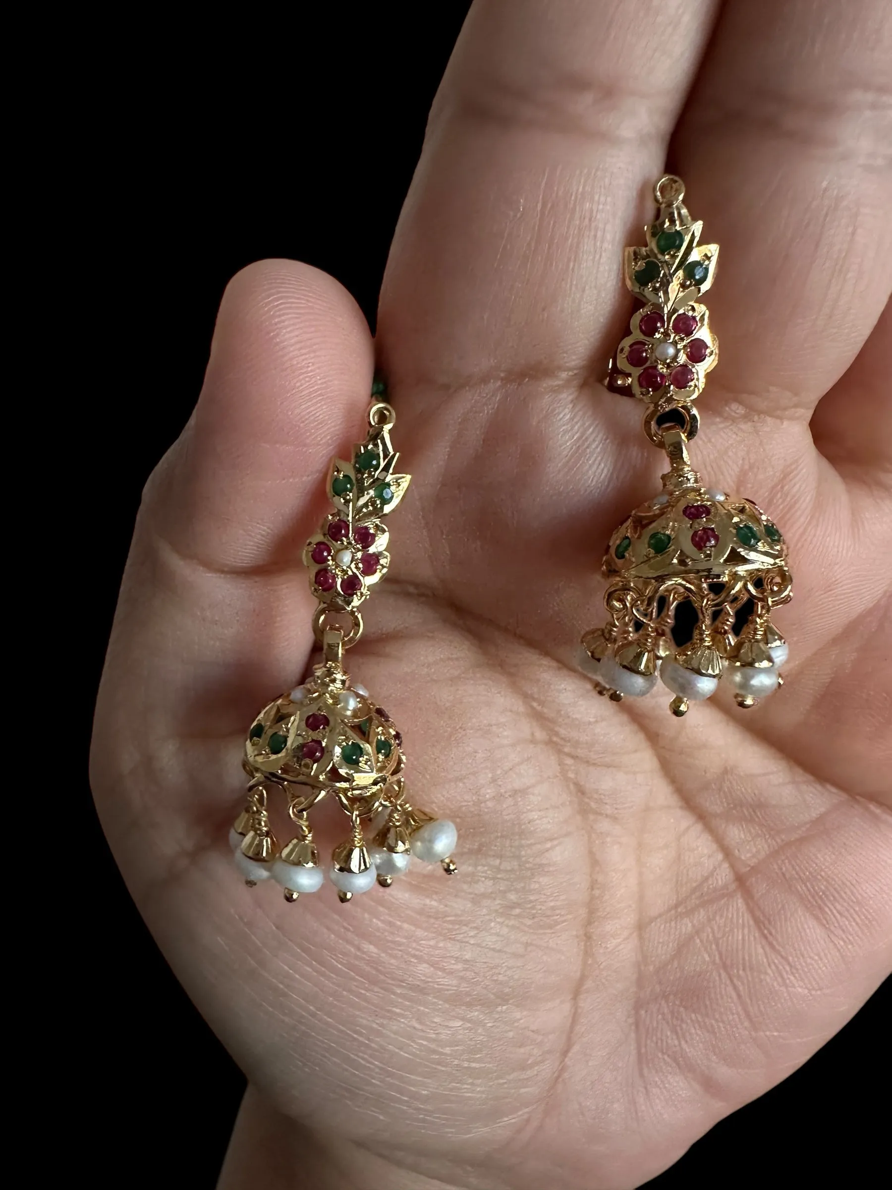 Light weight jhumka earrings in gold plated silver - ruby emerlad ( READY TO SHIP )