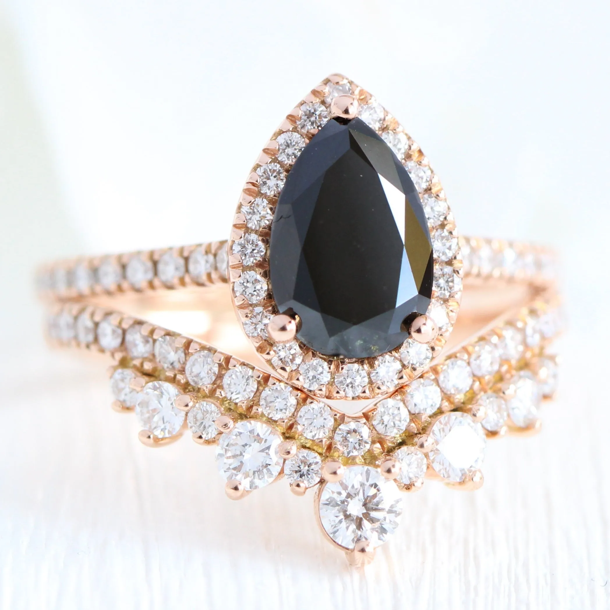 Luna Halo Pear Black Diamond Ring Set w/ V Shaped Large Tiara Diamond Wedding Band