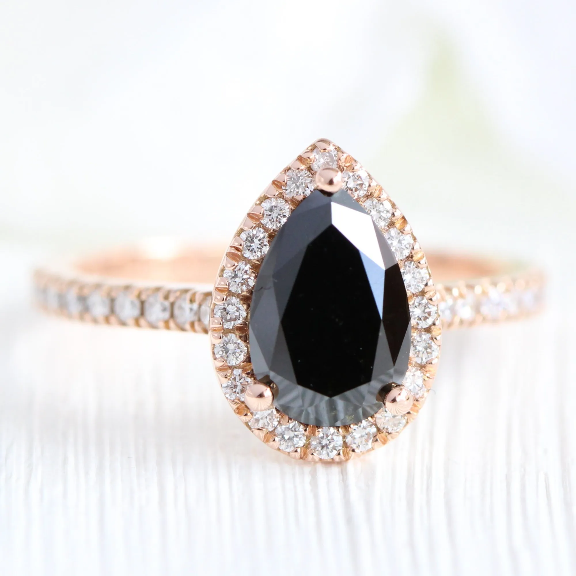 Luna Halo Pear Black Diamond Ring Set w/ V Shaped Large Tiara Diamond Wedding Band