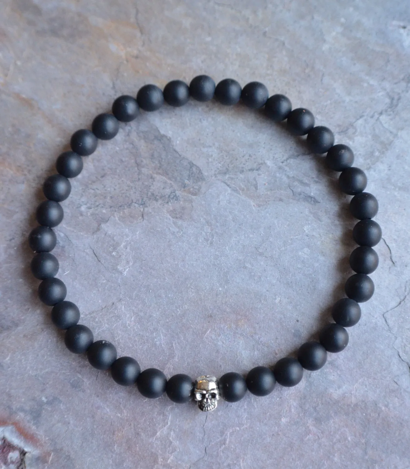 Mens Black Silver Skull Matte Beaded Stretch Bracelet