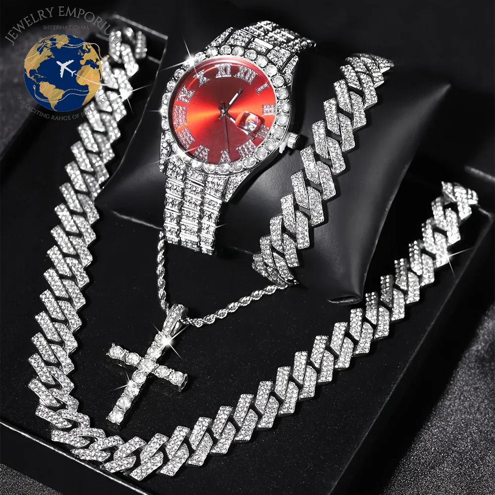 Men's Bling Wrist Watch and Hip Hop Cuban Chain Necklace Set - 4 Pieces, Rhinestone Accents, Round Dial, Electronic Quartz Movement