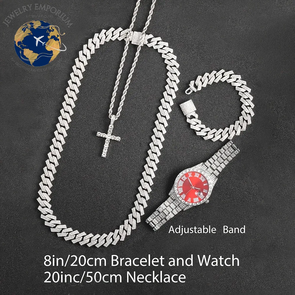 Men's Bling Wrist Watch and Hip Hop Cuban Chain Necklace Set - 4 Pieces, Rhinestone Accents, Round Dial, Electronic Quartz Movement