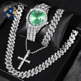 Men's Bling Wrist Watch and Hip Hop Cuban Chain Necklace Set - 4 Pieces, Rhinestone Accents, Round Dial, Electronic Quartz Movement