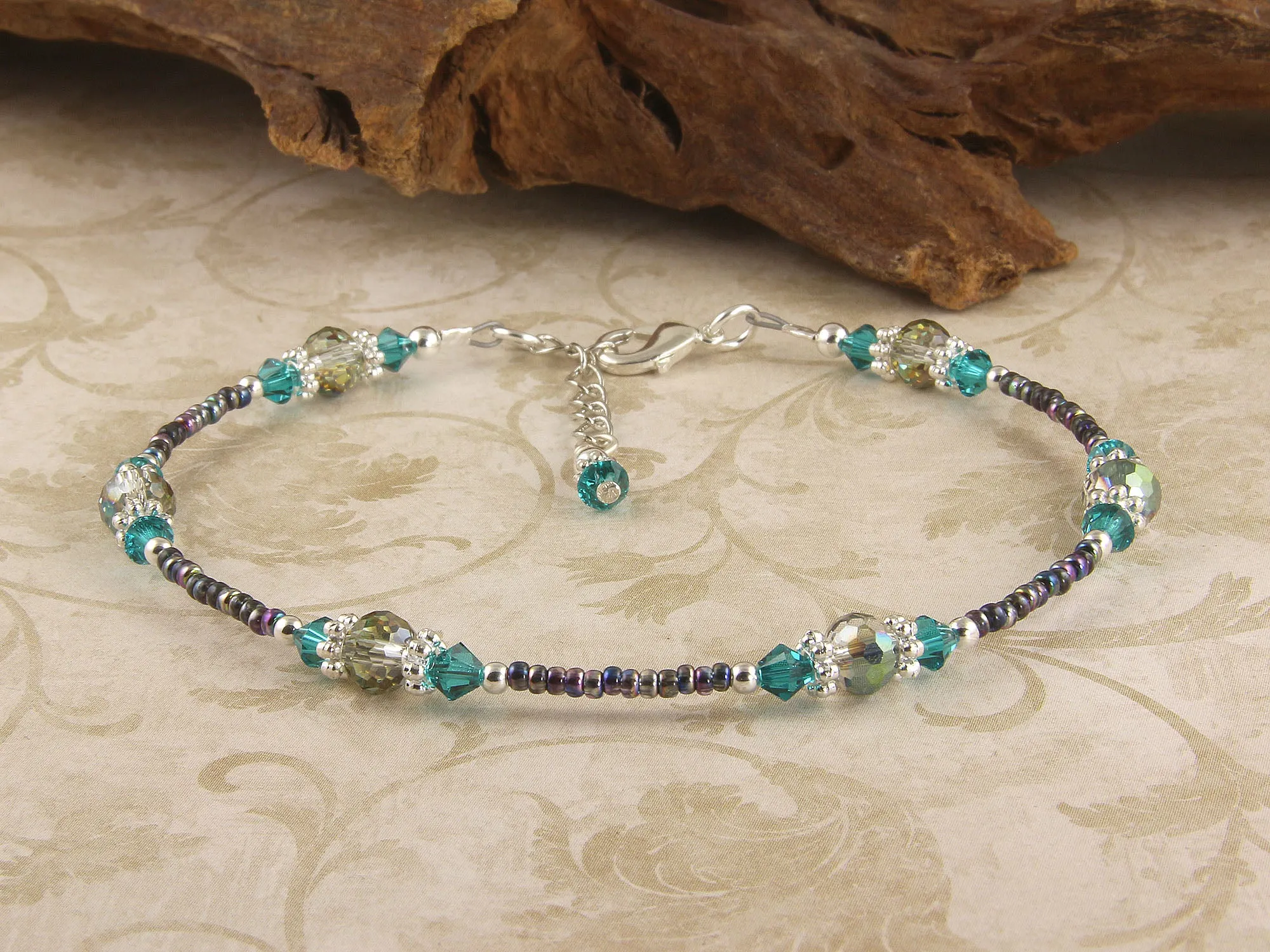 Mermaid Green Glass Crystal Silver-Plated Anklet