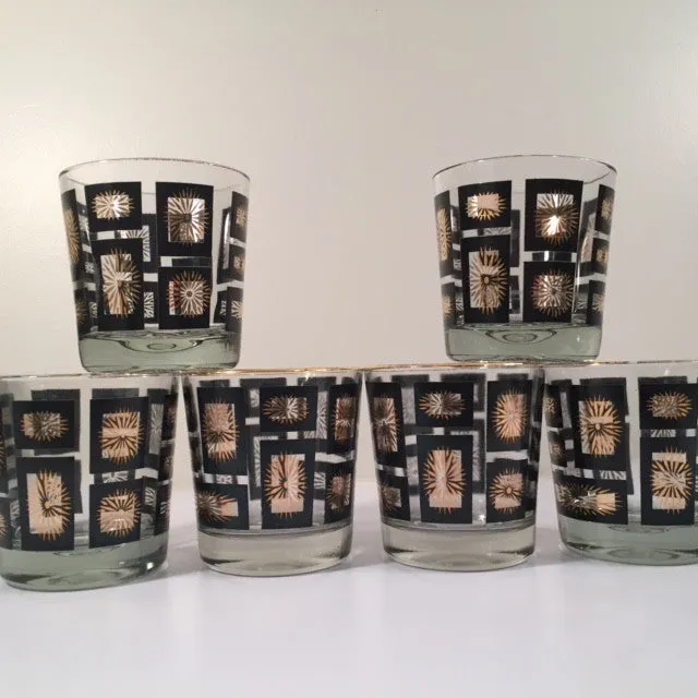 Mid-Century Jeannette Glassware Black and 22-Karat Gold Geometric 25-Piece Bar Set