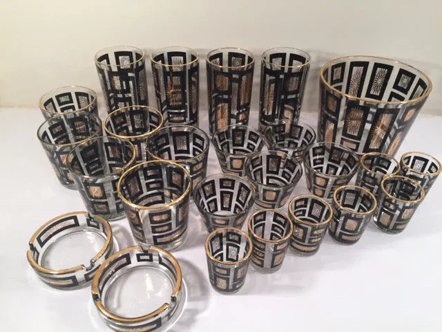 Mid-Century Jeannette Glassware Black and 22-Karat Gold Geometric 25-Piece Bar Set