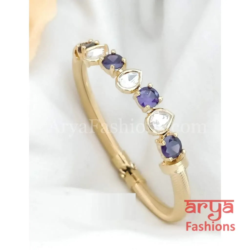 Minimalist 22 Karat Gold plated Bracelet with Kundan and Colored Stones