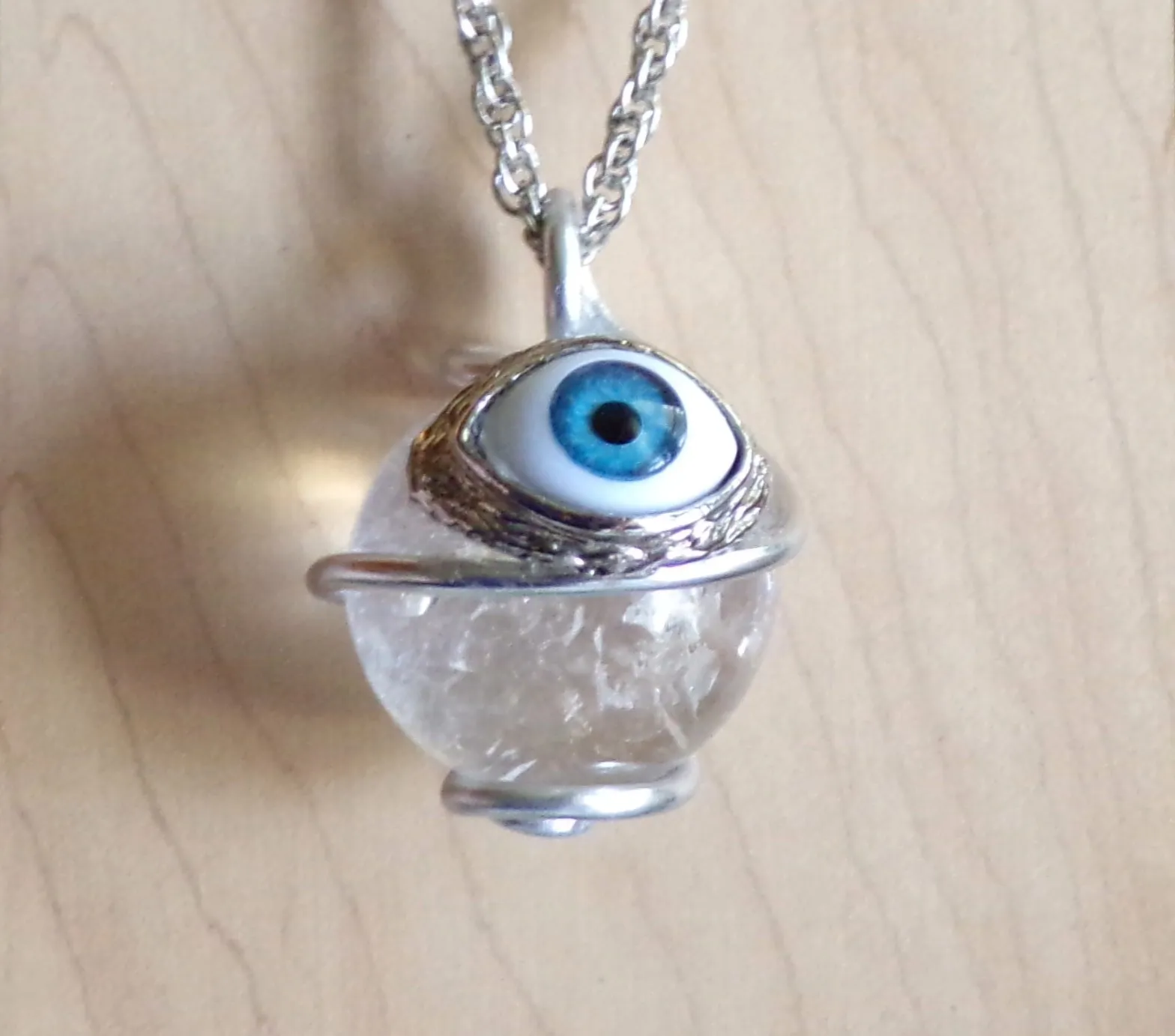 Natural Clear Quartz Crystal Ball Evil Eye Pendant Necklace