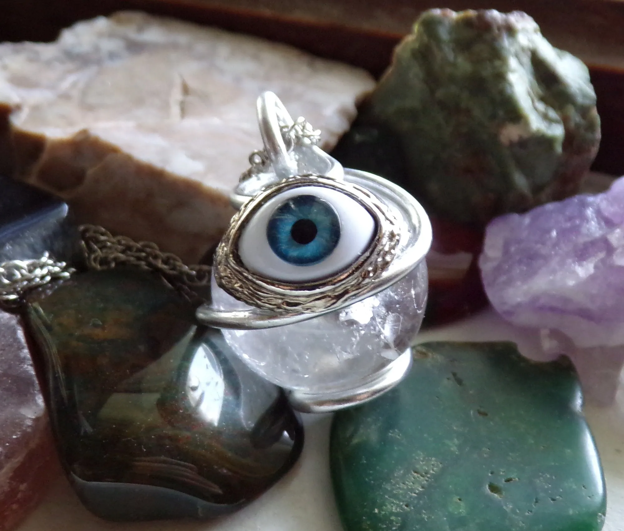 Natural Clear Quartz Crystal Ball Evil Eye Pendant Necklace