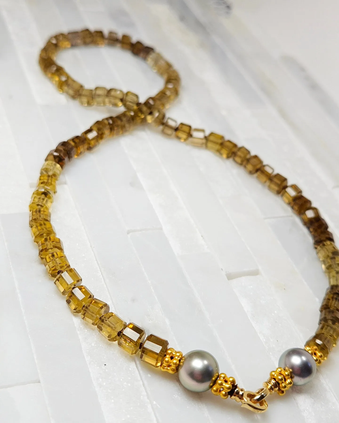 Natural Cognac Quartz Faceted Sugar Cubes & Tahitian Pearl 18K Gold Necklace 17"