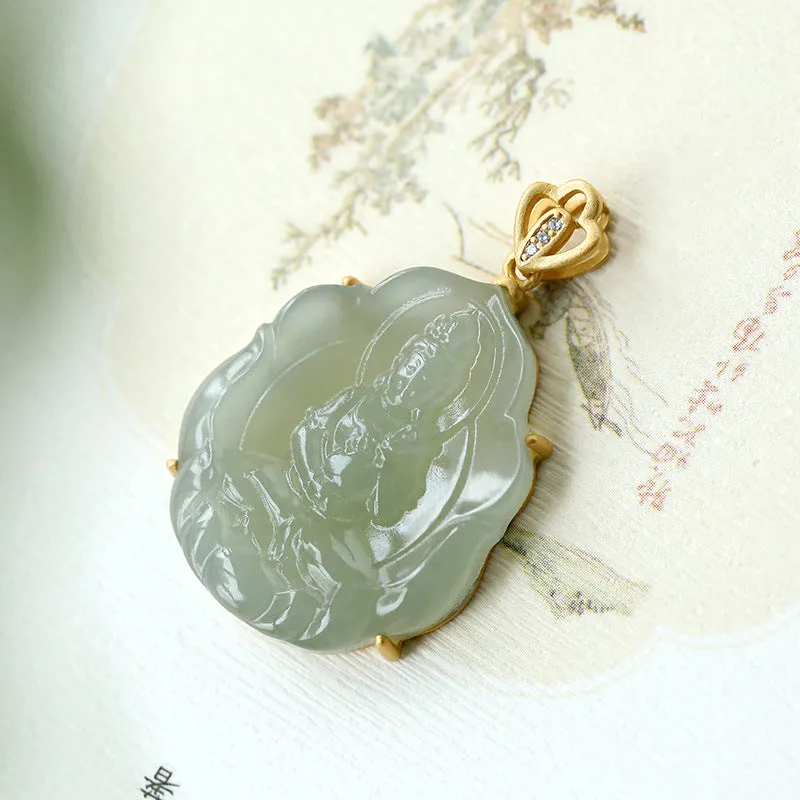 Natural Jade Pendant Nephrite Silver Guanyin Pendant ZPT125