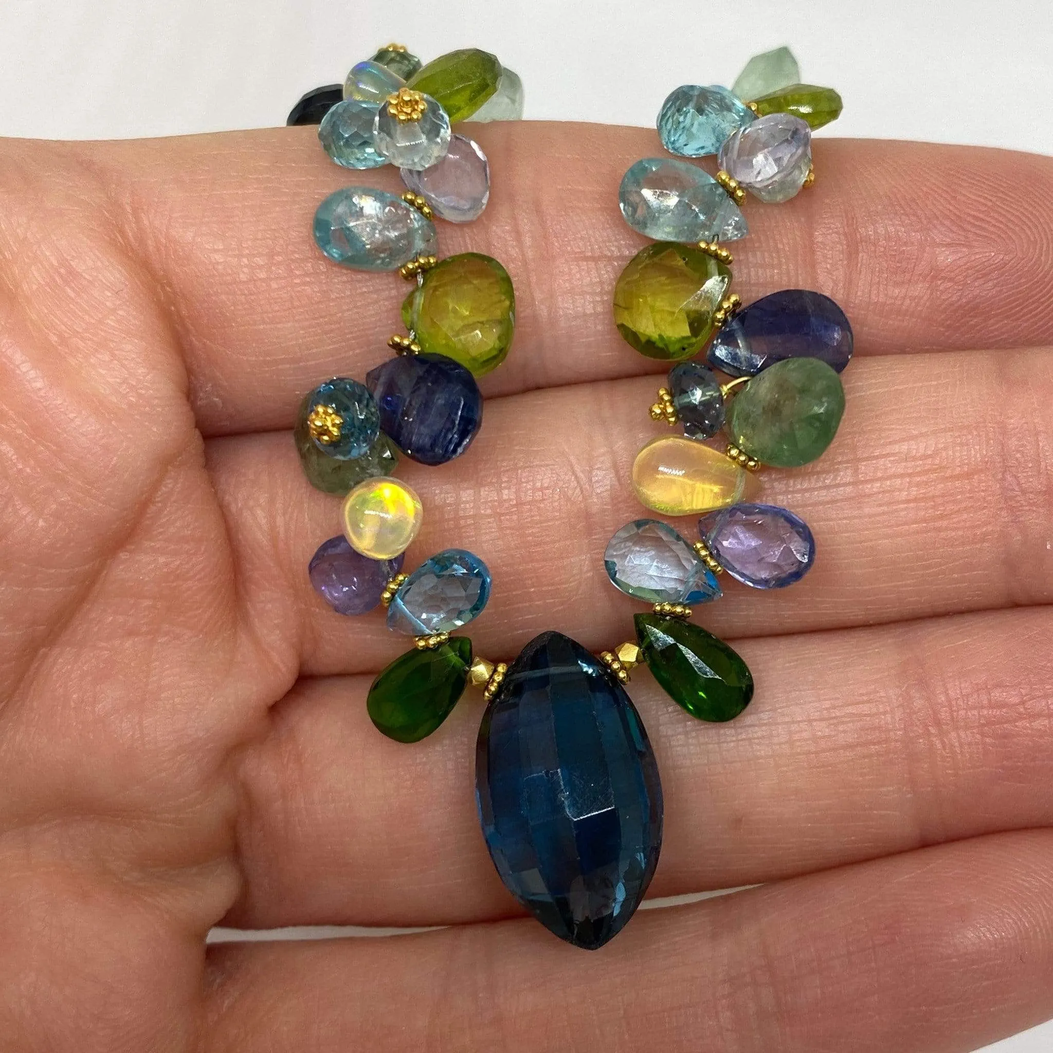 Natural Multi Colored Gemstone Necklace Blue Briolette Topaz Tanzanite Opal 18KY