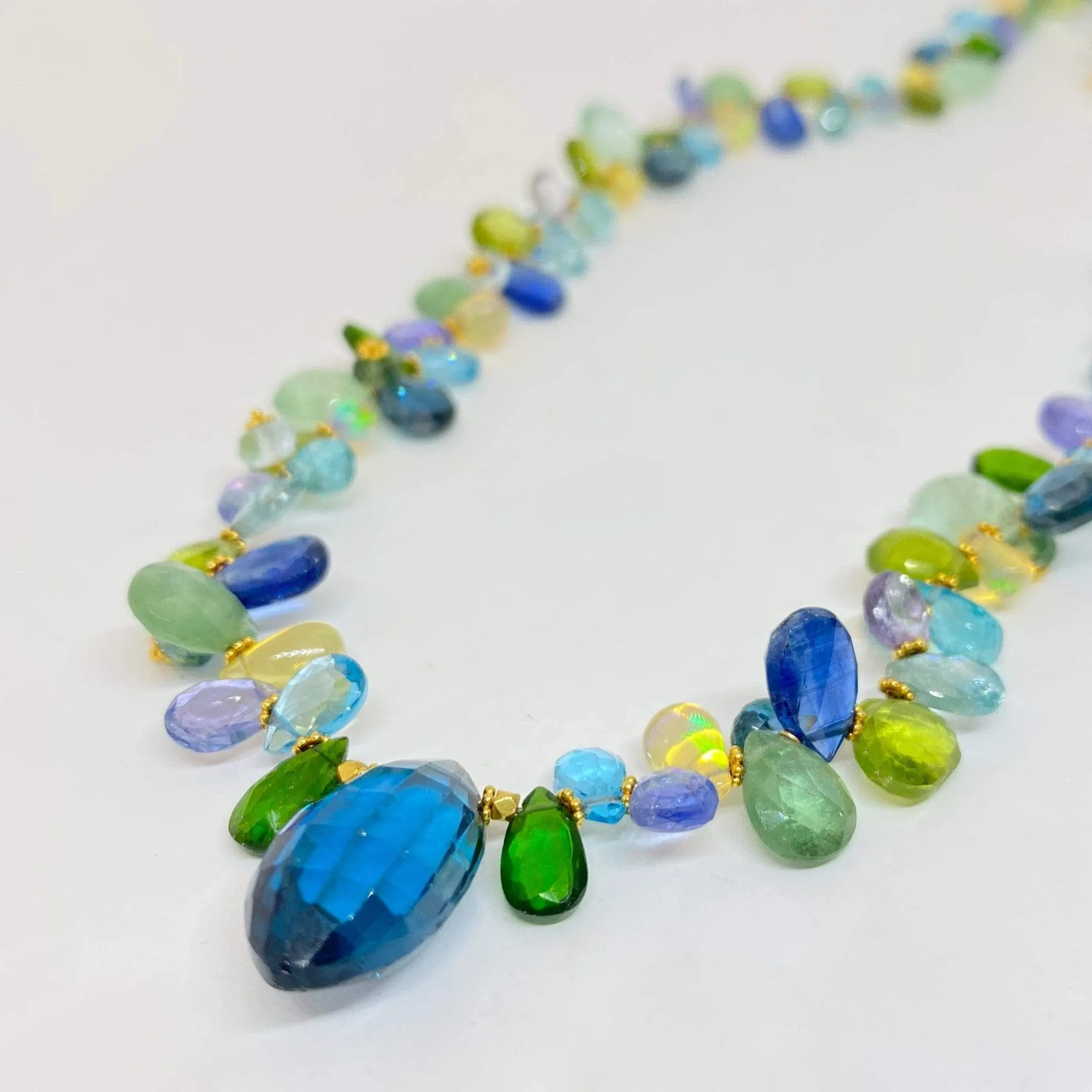 Natural Multi Colored Gemstone Necklace Blue Briolette Topaz Tanzanite Opal 18KY