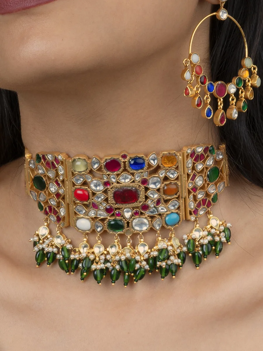 Navratna Gold Plated Jadau Kundan Necklace Set - MO-S29N