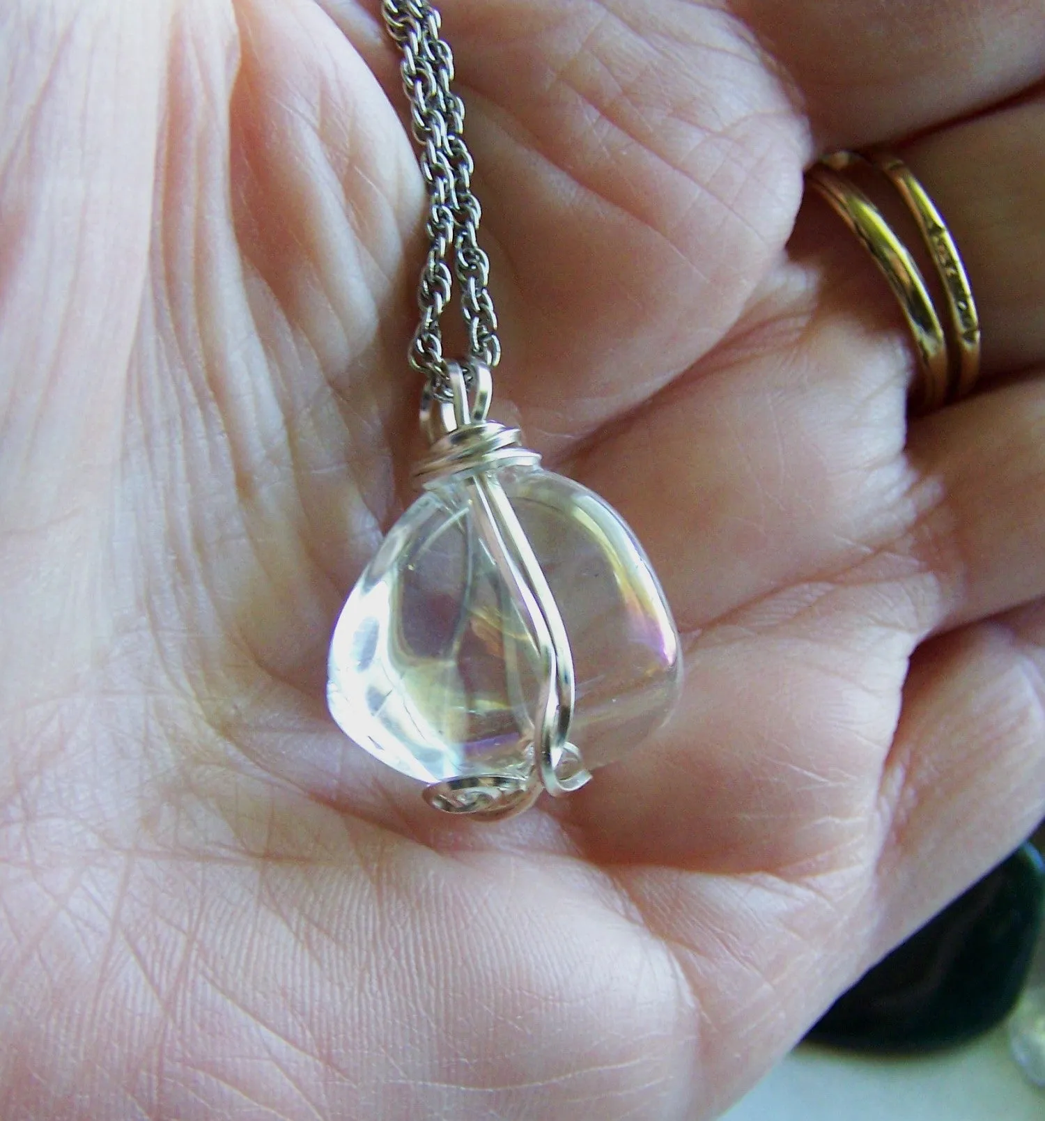 Opal Aura Iridescent Polished Quartz Crystal Wire Wrapped Pendant