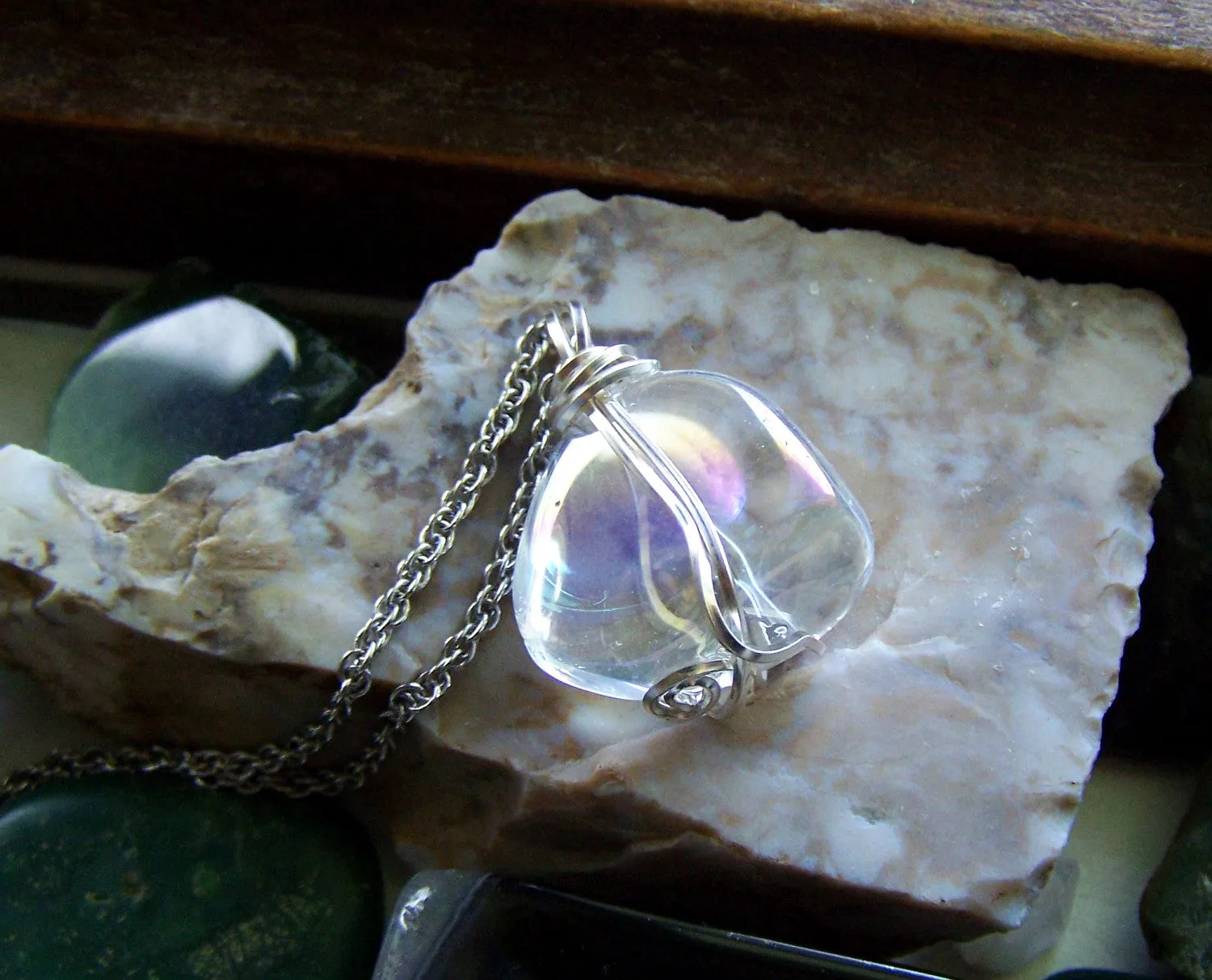 Opal Aura Iridescent Polished Quartz Crystal Wire Wrapped Pendant