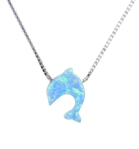 Opal Dolphin Pendant Necklace Sterling Silver Tiny Blue Charm Gift for Her