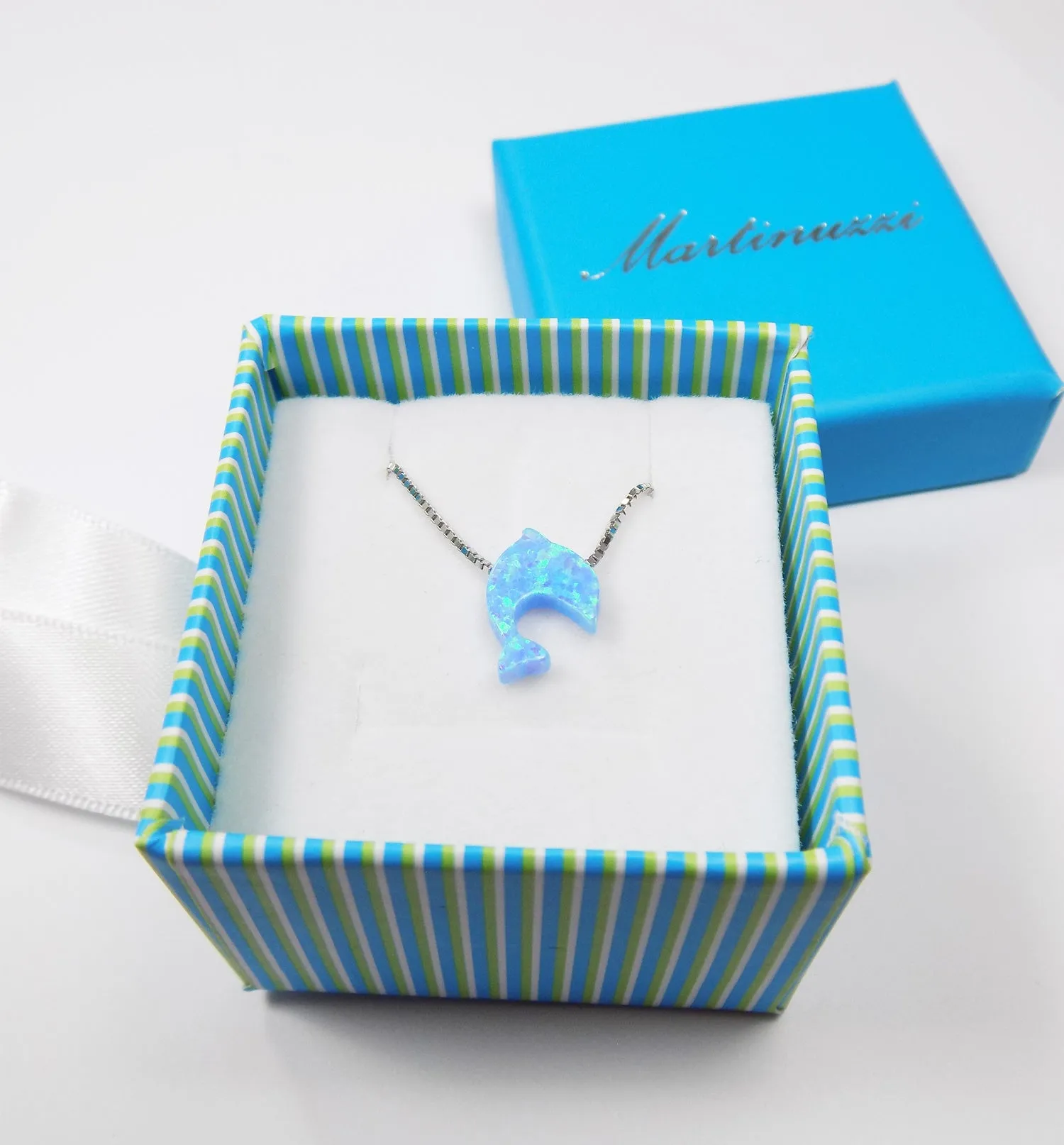 Opal Dolphin Pendant Necklace Sterling Silver Tiny Blue Charm Gift for Her