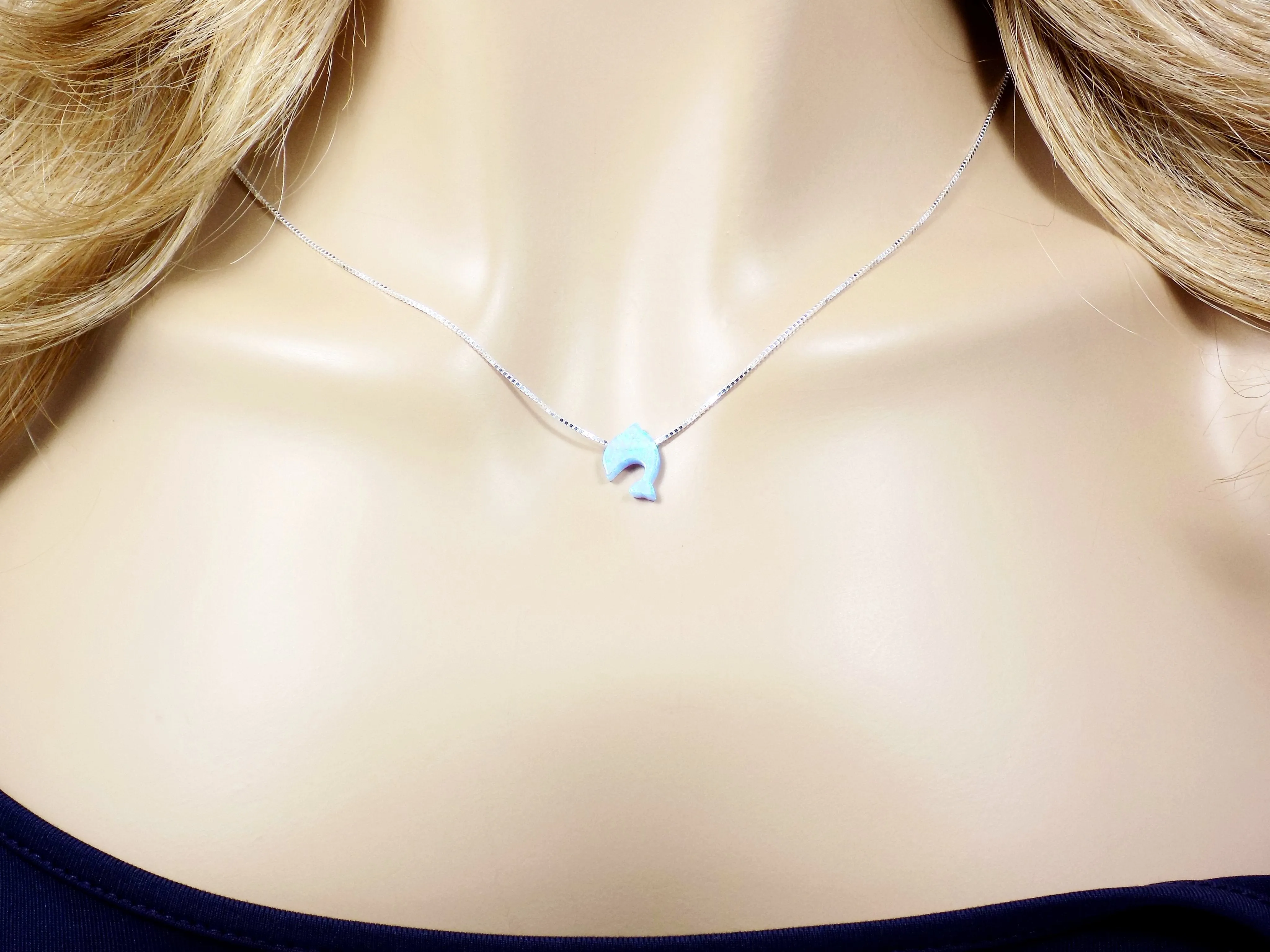 Opal Dolphin Pendant Necklace Sterling Silver Tiny Blue Charm Gift for Her