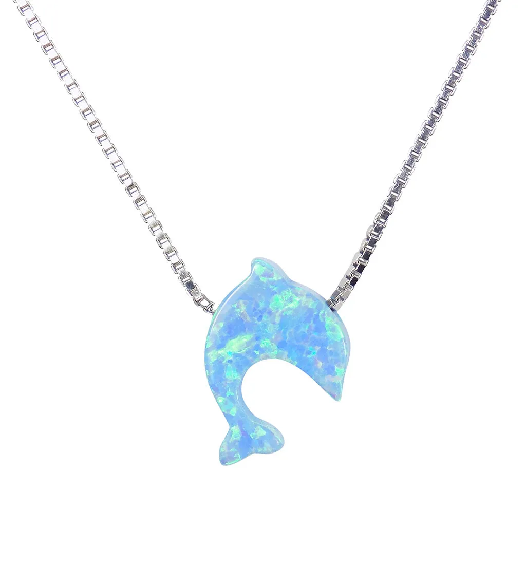 Opal Dolphin Pendant Necklace Sterling Silver Tiny Blue Charm Gift for Her