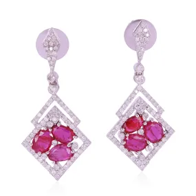 Oval Cut Slice Ruby Gemstone Pave Diamond Geometric Dangler In 18K White Gold