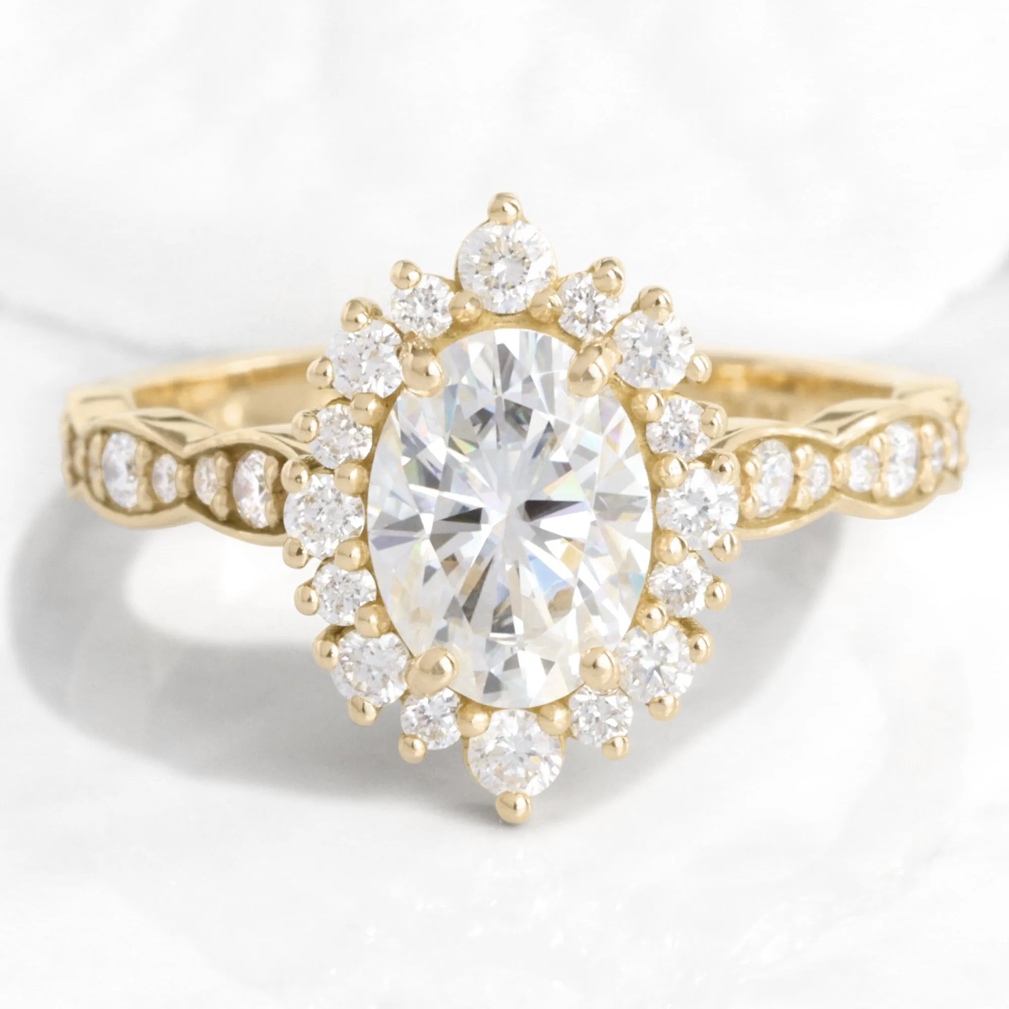 Oval Moissanite Engagement Ring in Tiara Halo Diamond Scalloped Band