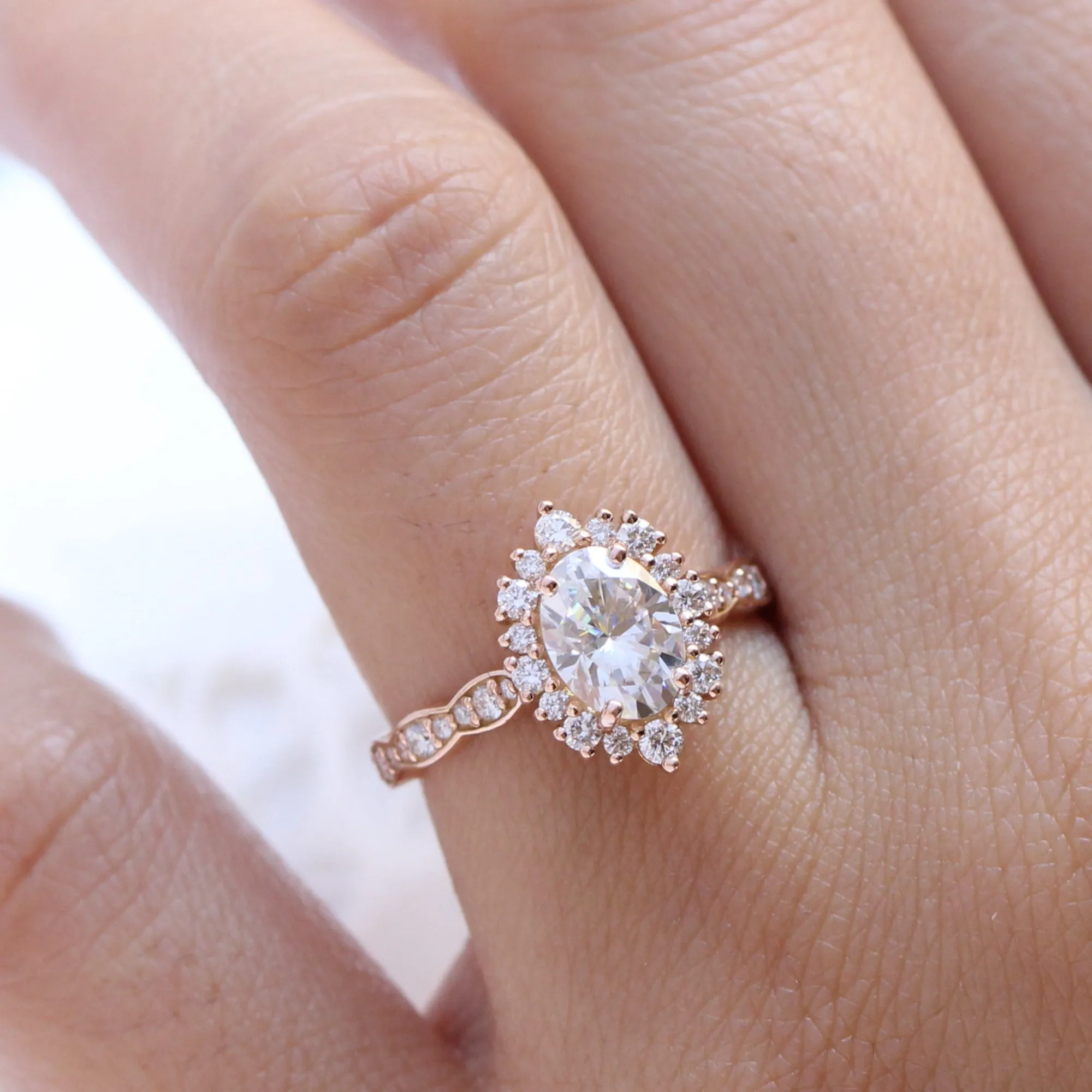 Oval Moissanite Engagement Ring in Tiara Halo Diamond Scalloped Band