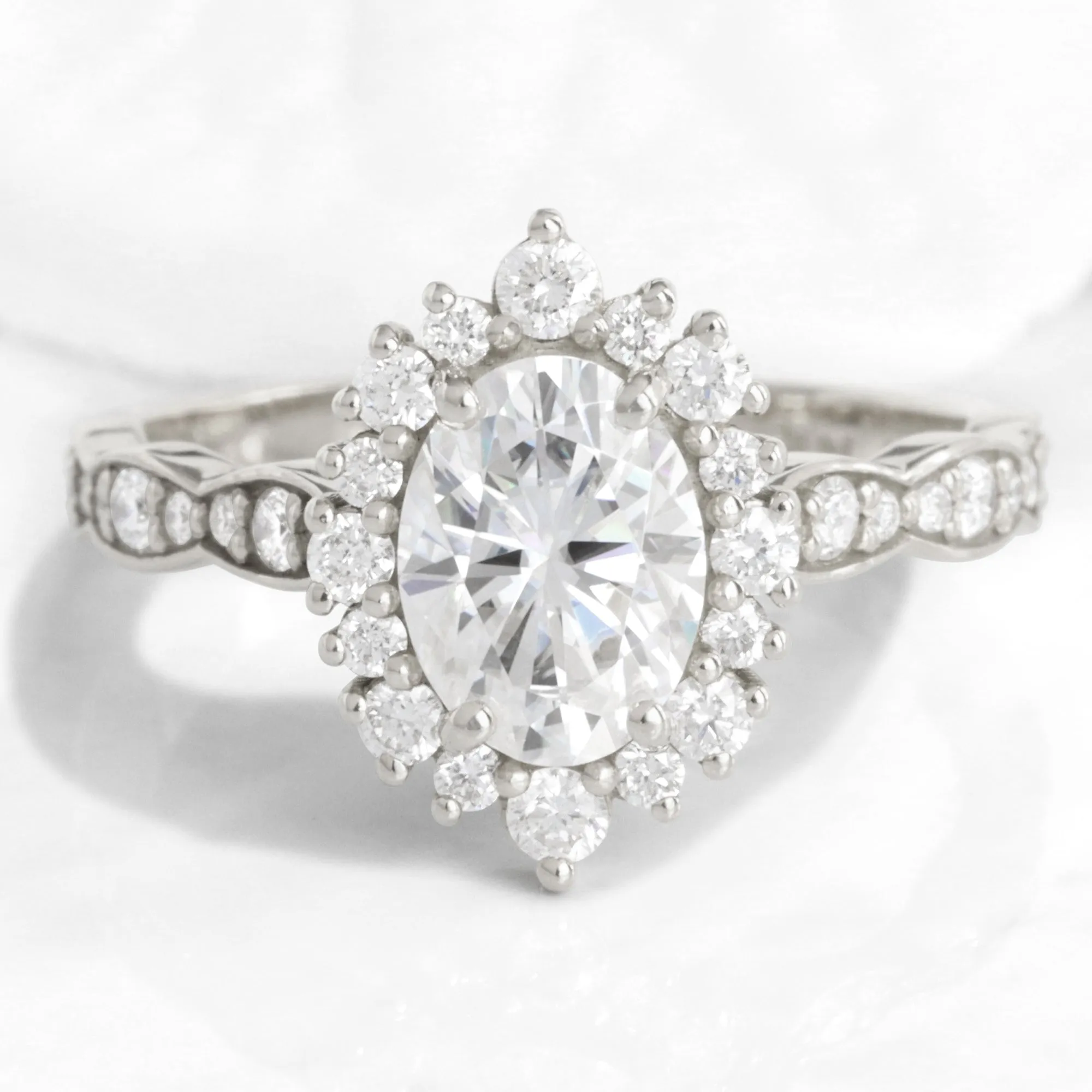 Oval Moissanite Engagement Ring in Tiara Halo Diamond Scalloped Band