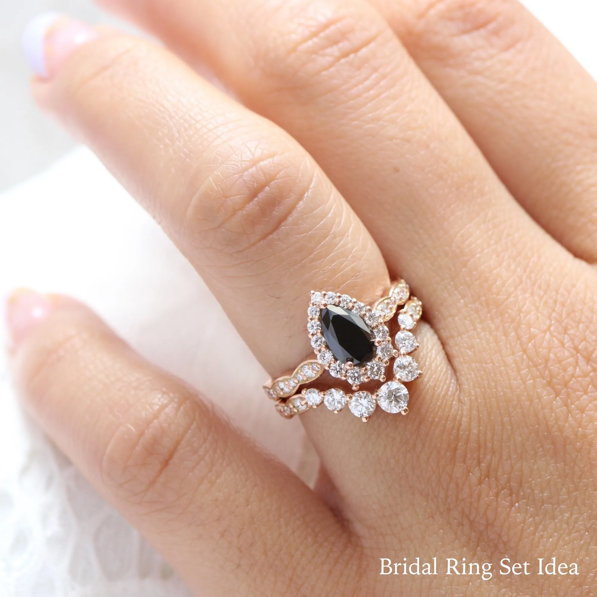 Pear Black Diamond Engagement Ring in Tiara Halo Diamond Scalloped Band