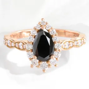 Pear Black Diamond Engagement Ring in Tiara Halo Diamond Scalloped Band