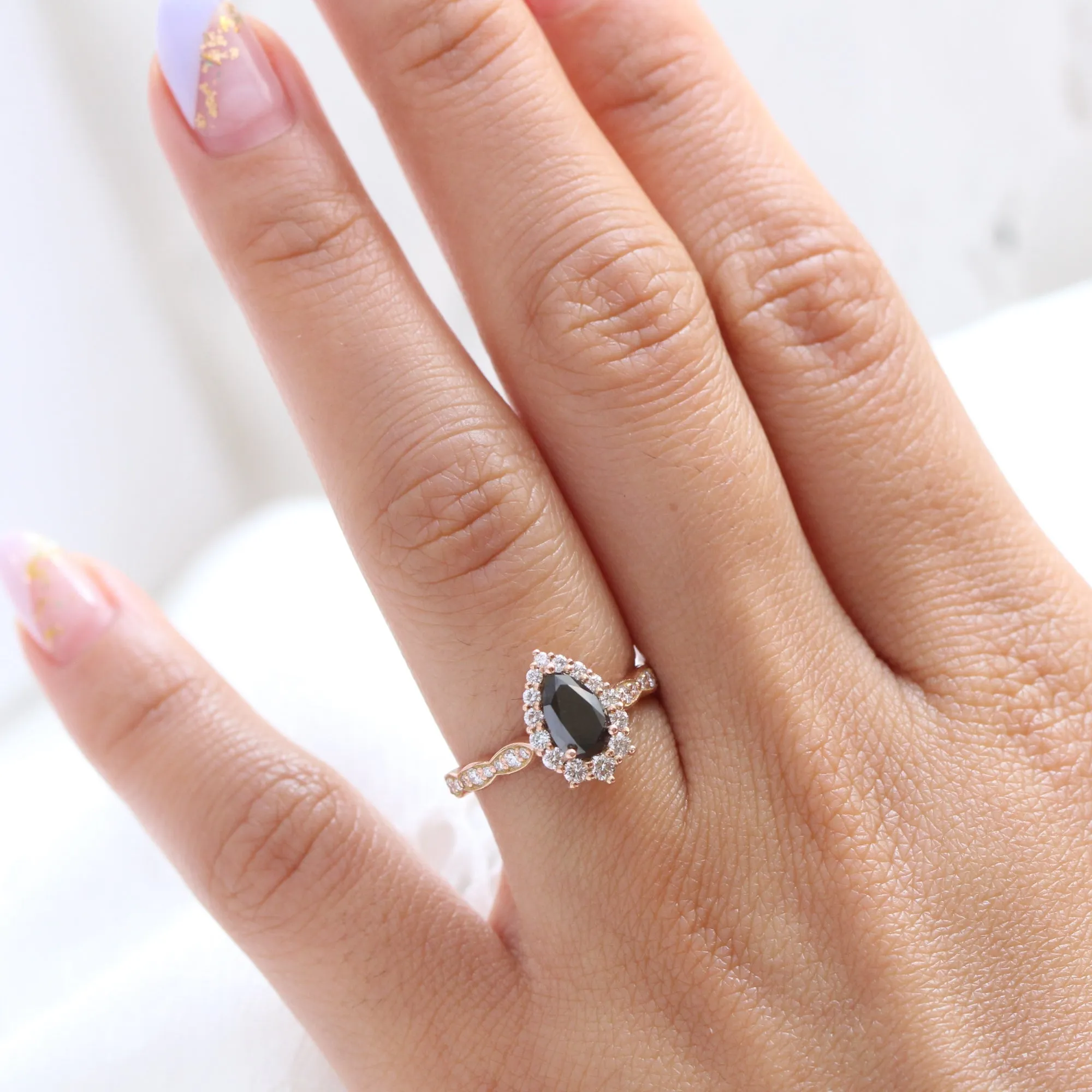 Pear Black Diamond Engagement Ring in Tiara Halo Diamond Scalloped Band