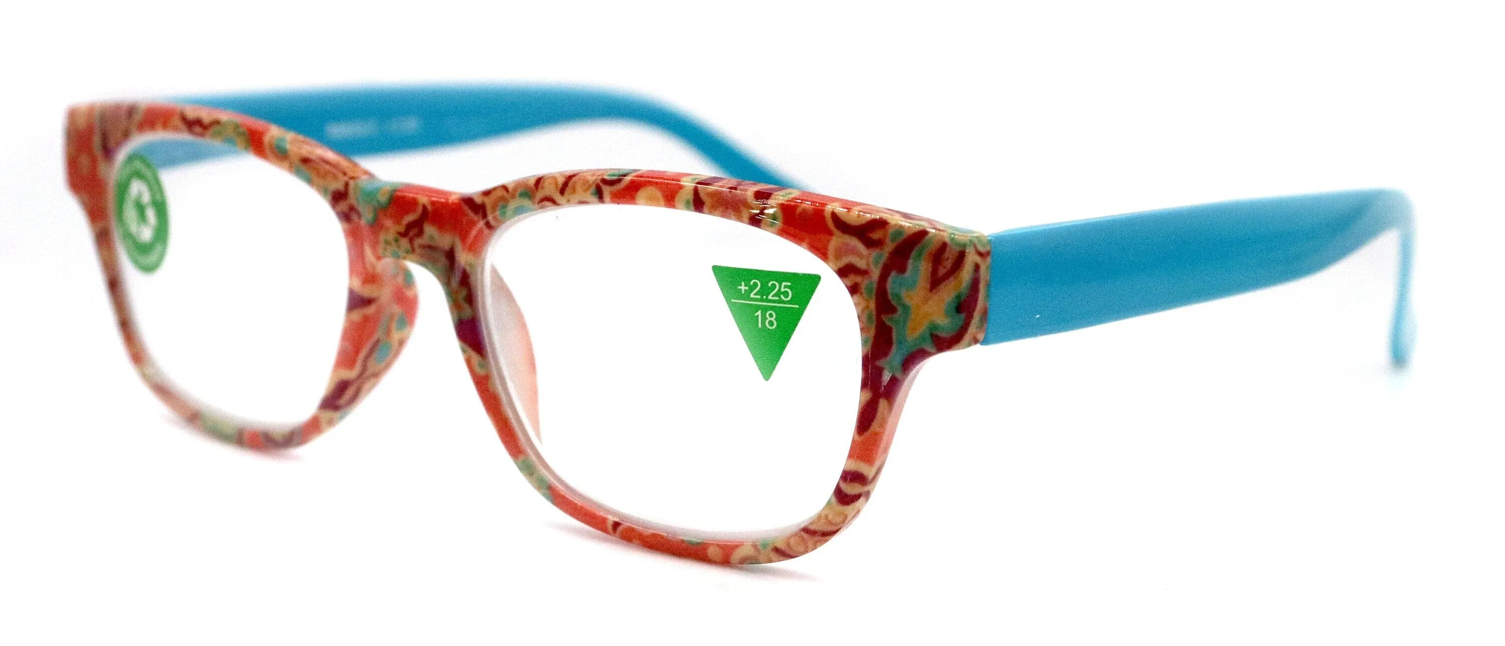 Persia, (Premium) Reading Glasses High End Readers  1.25.. 3 Magnifying Eyeglass, Square Optical Frame (Orange Teal) Paisley NY Fifth Avenue