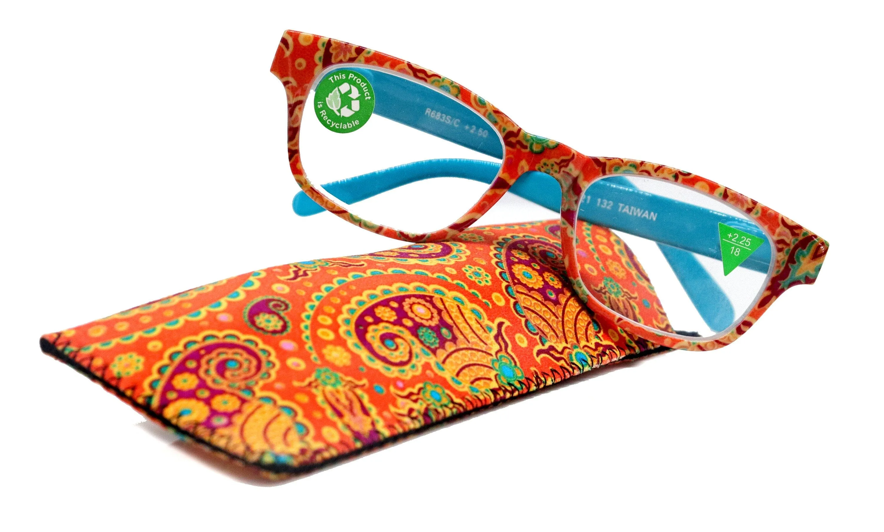 Persia, (Premium) Reading Glasses High End Readers  1.25.. 3 Magnifying Eyeglass, Square Optical Frame (Orange Teal) Paisley NY Fifth Avenue