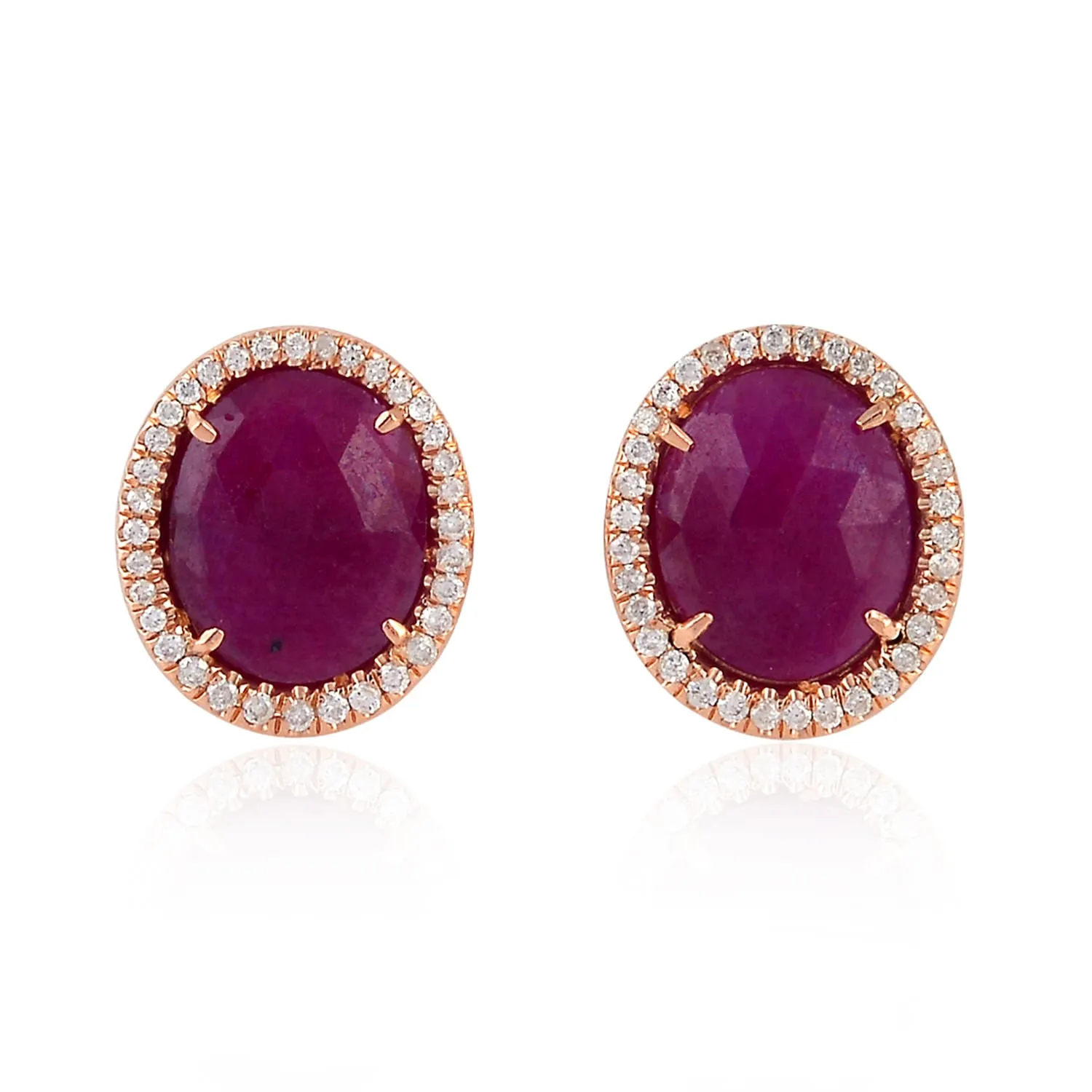 Pink Oval Ruby Prong Natural Diamond Stud Earrings Made in 18K Rose Gold