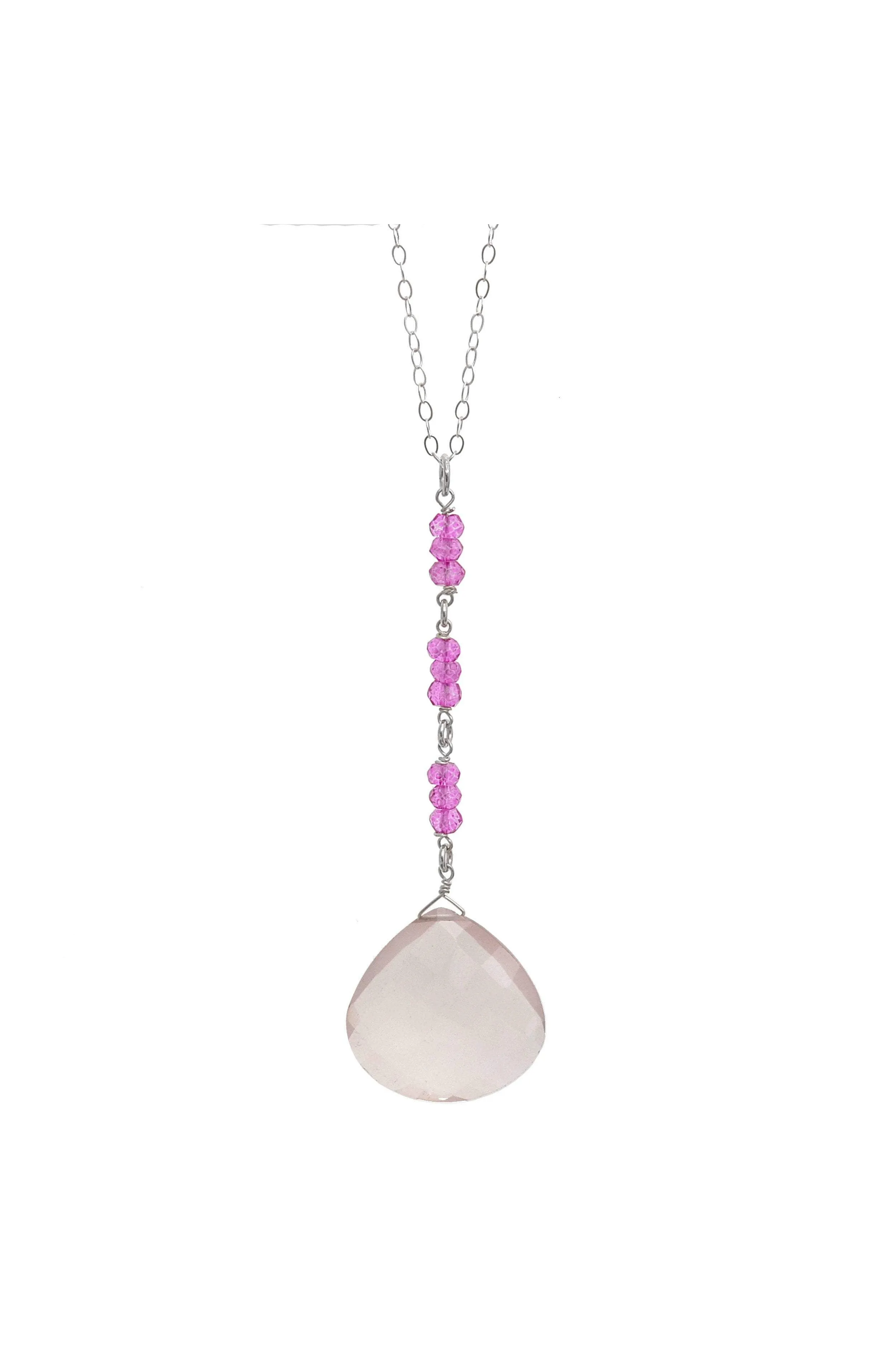 Pink, Rose Quartz Briolette Teardrop Gemstone Long Silver Necklace