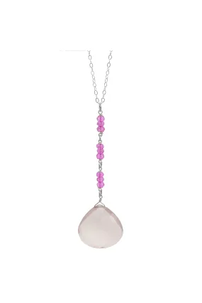 Pink, Rose Quartz Briolette Teardrop Gemstone Long Silver Necklace