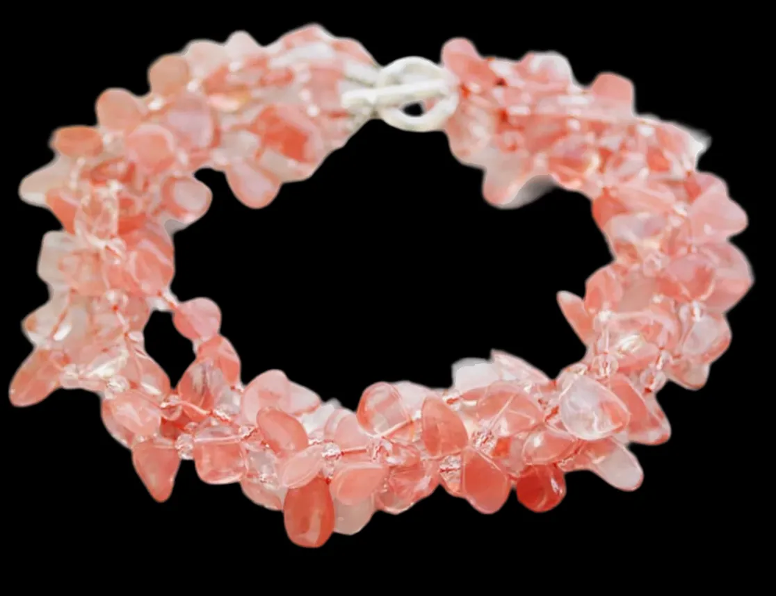 Pink Watermelon Quartz Gemstone Triple-Strand Statement Necklace 18”