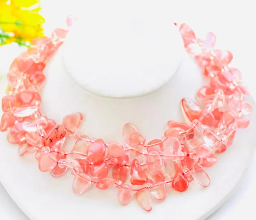 Pink Watermelon Quartz Gemstone Triple-Strand Statement Necklace 18”