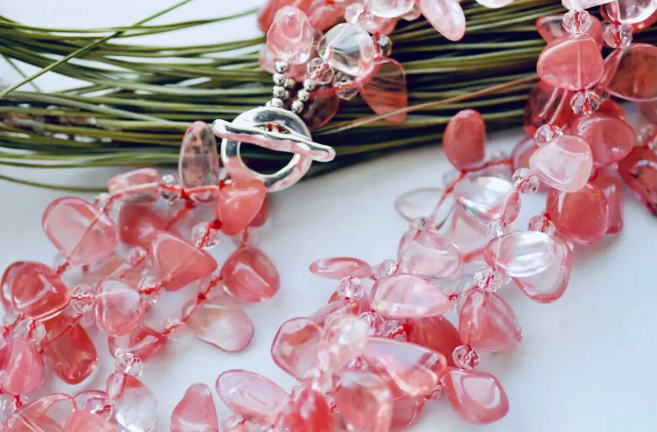 Pink Watermelon Quartz Gemstone Triple-Strand Statement Necklace 18”