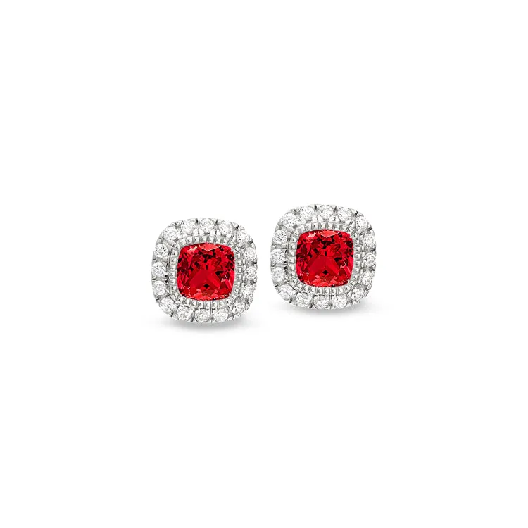 Platinum Finish Sterling Silver Micropave Simulated Ruby Earrings with Simulated Diamonds